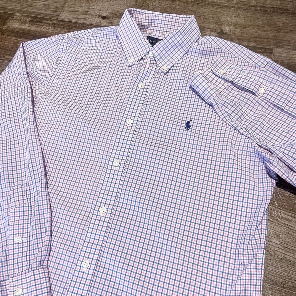Polo Ralph Lauren Button Down Mens L Pink Blue Plaid Slim Fit Long Sleeve Preppy